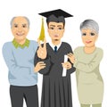 Grandparents proud and happy of grandson holding diploma on graduation ceremony day Royalty Free Stock Photo