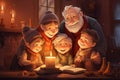 Grandparents read fairy tales to grandchildren on Christmas Eve Royalty Free Stock Photo