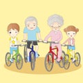 Grandparents ride bicycle with grandchildren