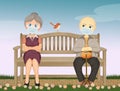 Grandparents sitting on bench with surgical mask