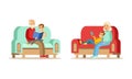 Grandparents Spending Time with Grandchildren Set, Grandpa and Grandma Reading Book to their Grandsons Cartoon Vector Royalty Free Stock Photo
