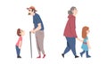 Grandparents Spending Time with Grandchildren Walking and Talking Vector Set