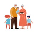 Grandparents are standing with their grandchildren. Elderly man and woman and small children, the concept of family