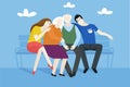 Grandparents with their grandchildren sitting on the bench - vector flat style illustration.