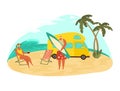 Grandparents traveling, people travel, grandfather and grandmother relax on the beach, elderly family, cartoon vector