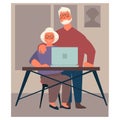 Grandparents using laptop, elderly couple surfing Internet