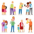 Grandparents vector family together grandfather or grandmother with grandchildren illustration set of elderly people