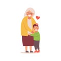 The grandson hugs his grandmother. Vector flat design illustration