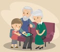 The grandson teaches grandfather and grandmother to use the tablet. Help the elderly. modern technologies. Vector