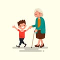 Grandson walking with his grandmother. Vector illustration