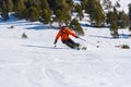 Skier in mountains, prepared piste and sunny day in Grandvalira, Andorra...I