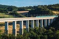 Panoramic view on passenger train TGV crossing the railway flyover. Royalty Free Stock Photo