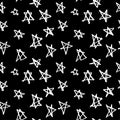 Grange seamless pattern with hand drawn stars. Hand drawn white stars on a black background