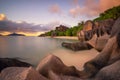 Granite boulders in sunset soft light at Anse Source d`Argent beach, La Digue island, Seychelles Royalty Free Stock Photo