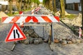 Granite cobblestone pavement repair in city street Royalty Free Stock Photo