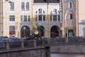 The granite embankment of the Griboyedov Canal in St. Petersburg on a wet cloudy autumn day