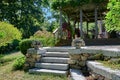 Granite garden steps from lawn to gravel terrace