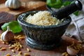 Granite Mortar and Pestle with Garlic and Cheese. Royalty Free Stock Photo