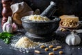 Granite Mortar and Pestle with Garlic and Cheese. Royalty Free Stock Photo
