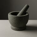 A granite mortar and pestle set is displayed on a textured light-colored surface. The Royalty Free Stock Photo