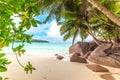 Granite rocks and coconut palm trees in Anse Lazio beach Royalty Free Stock Photo