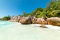 Granite rocks and palm trees by the sea in world famous Anse Lazio beach Royalty Free Stock Photo