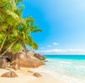 Granite rocks and palm trees by the sea in world famous Anse Lazio Royalty Free Stock Photo