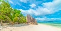 Granite rocks and white sand in Anse Source d\'Argent beach Royalty Free Stock Photo