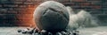 Granite Stone Ball Crashes Through Brick Walls, Creating Dust and Sparks in Slow Motion Display Royalty Free Stock Photo