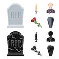 A granite tombstone with an inscription, a mourning candle, a pasteur, a priest, mourning roses. Funeral ceremony set