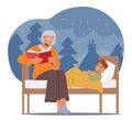 Granny Character Reading Enchanting Fairy Tales to Grandson in Lying Bed, Comforting Voice Lulling A Wide-eyed Child