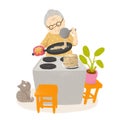 Granny cooks pancakes. Cute illustration