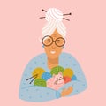 Granny doing knitwork. The gray-haired grandmother holds in her hands a lot of clews and a cat. Vector Illustration isolated on