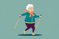 Granny is doing Nordic walking with sticks
