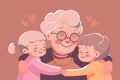 Granny and grandchildren are hugging, happy grandmother with smiling kids