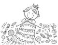 Granny knitting, crafting or handmade concept, coloring page, cartoon illustration