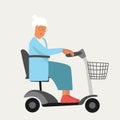 Granny old woman on wheelchair electric scooter in flat style. Happy retirement for disabled people. Stop ageism. Active