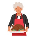 Granny Proudly Holds A Tray With A Freshly Baked Turkey, Emanating Enticing Aromas, Showcasing Her Culinary Prowess