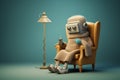 Granny robot with knitting needles in warm knitted clothes sitting in orange vintage armchair with floor lamp in blue Royalty Free Stock Photo