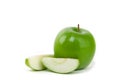 Granny smith apple and slices on white background
