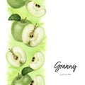 Granny Smith green apple vertical border composition watercolor hand drawn illustration on watercolor splash background. Royalty Free Stock Photo