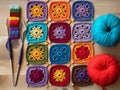 Granny Square crochet patterns, contrasting colors and balls of yarn