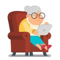 Granny with tablet internet surfing fun education old lady character cartoon flat design vector illustration