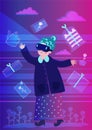 Granny in virtual reality chooses a gift, shining dark background