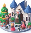 granny wear santa claus costume telling christmas fairy tales to children near a castle