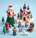 granny wear santa claus costume telling christmas fairy tales to children near a castle