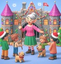 granny wear santa claus costume telling christmas fairy tales to children near a castle Royalty Free Stock Photo