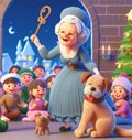 granny wear santa claus costume telling christmas fairy tales to children near a castle