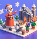 granny wear santa claus costume telling christmas fairy tales to children near a castle