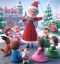 granny wear santa claus costume telling christmas fairy tales to children near a castle